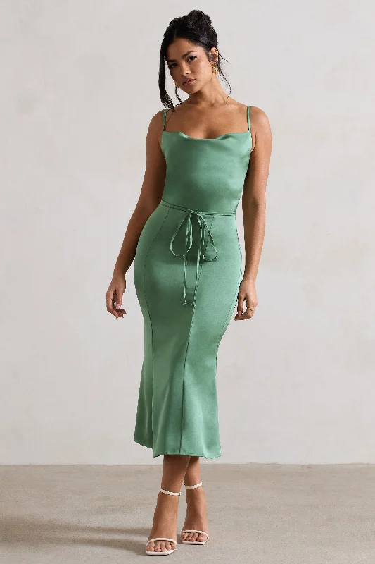 Midi dresses with patchwork patterns for a one - of - a - kind style Just A Moment | Soft Green Satin Cowl-Neck Midi Dress With Tie Waist