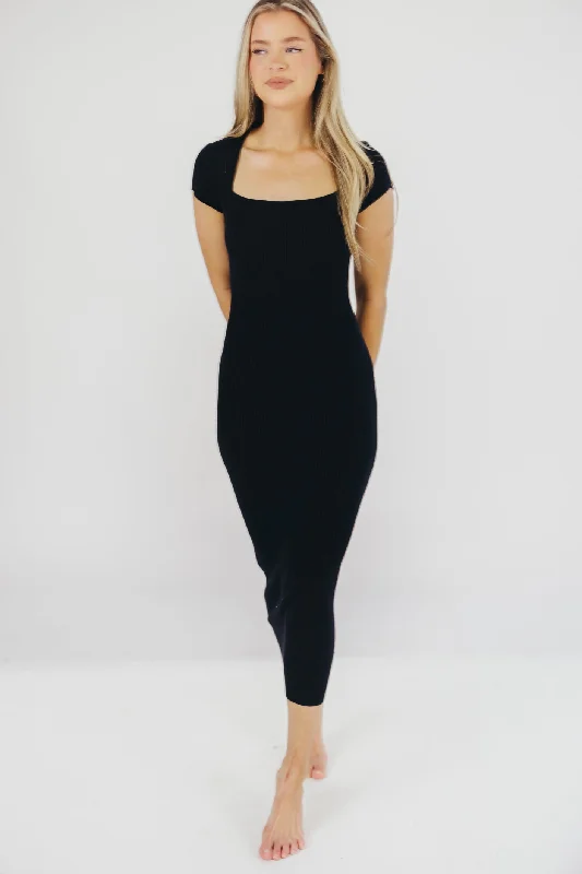 Midi dresses with asymmetric hems for a fashion - forward and dynamic appearance Wren Ribbed Knit Maxi Dress with Square Neckline in Black (XS-XL) - Worth Collective Exclusive