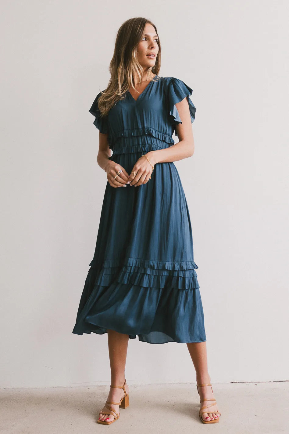 Midi dresses with animal prints for a bold and confident appearance Willa Ruffle Dress in Teal