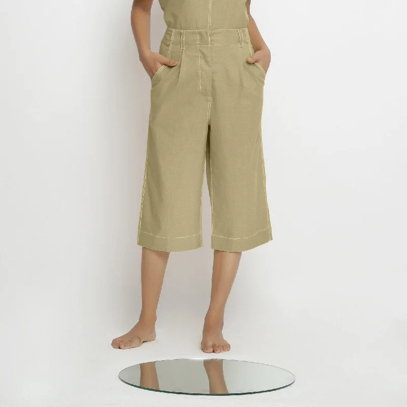 Capri Length Women's Printed Yoga Pants for Workout SessionsKhakhi Green Handspun Cotton Mid-Rise Culottes