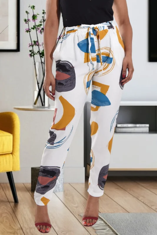 Palazzo Style Women's Printed Trousers in Bohemian PatternsWhite Multi Print Pocket Pants