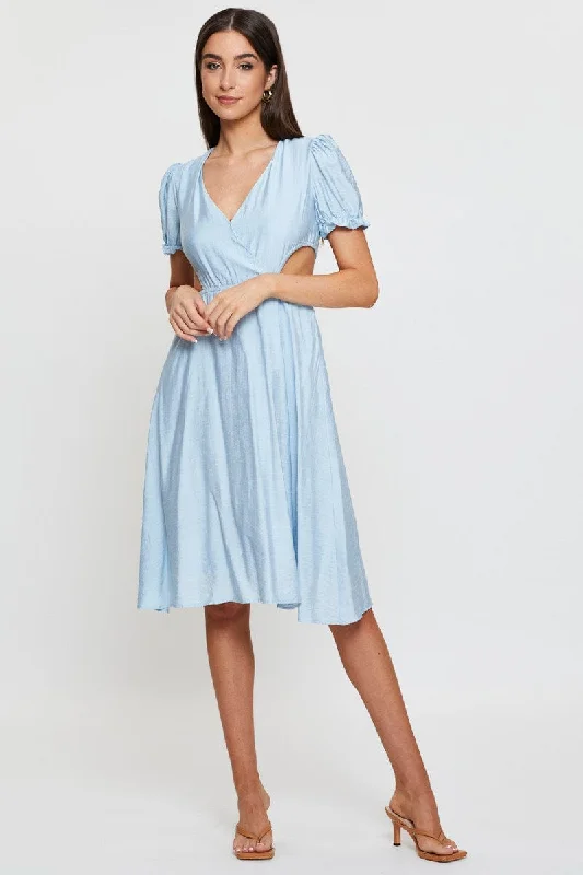 Shift Women Dress with a Simple and Classic Design for Everyday WearBlue Midi Dress Short Sleeve V Neck