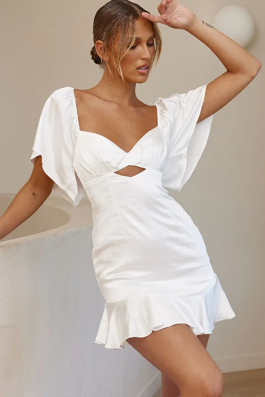 Shift Women Dress with a Simple and Classic Design for Everyday WearEyes On You Pleated Bust Angel Sleeve Ruffle Hem Dress White