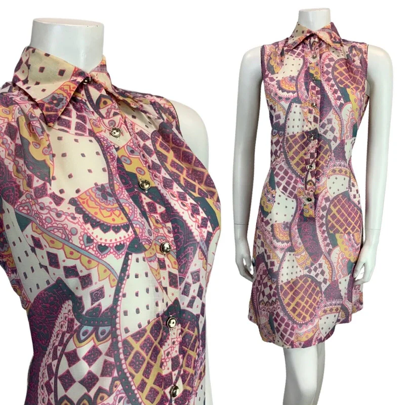 Printed Abstract Women Dress for a Modern and Artistic Appeal Printed Abstract Women Dress for a Modern and Artistic Appeal VINTAGE 60S 70S PINK PURPLE BLUE PATTERNED BUTTON DOWN DAGGER COLLAR DRESS 10 12