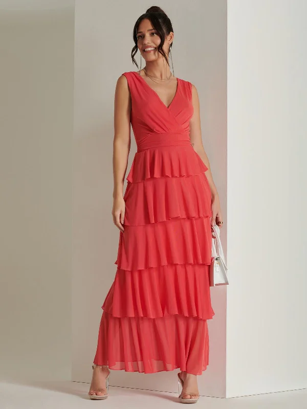 Floral print maxi dresses for summer garden partiesPlain Wrap Bodice Mesh Maxi Dress, Red