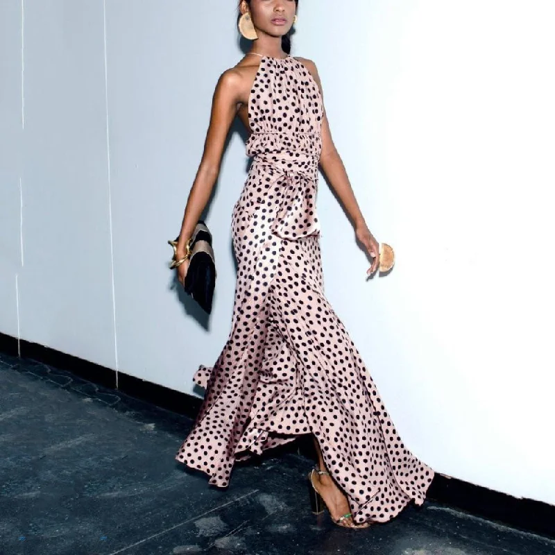 Polyester maxi dresses for easy - care and durabilityFashionSierra - Polka dots print party dress women wave point maxi Dresses  Elegant halter slit ruffle summer dress Boho long vestidos mujer