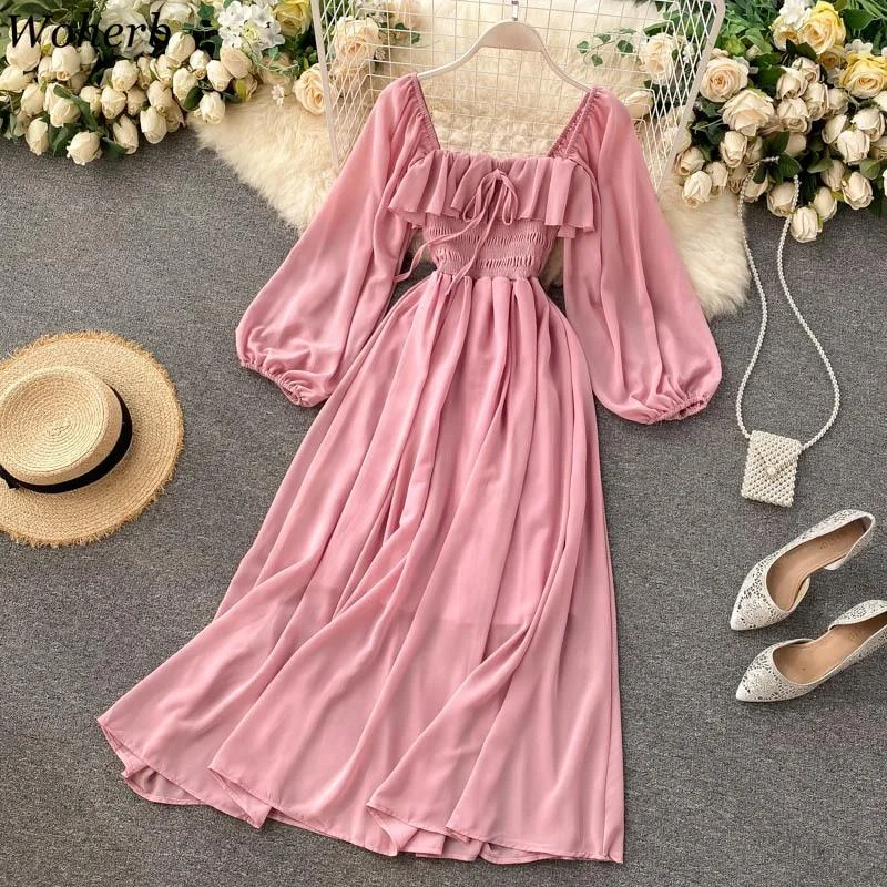 Maxi dresses with mesh panels for a sexy and trendy appearanceFashionSierra - Square Collar Maxi Dress Women Solid Chiffon Puff Sleeve Dresses