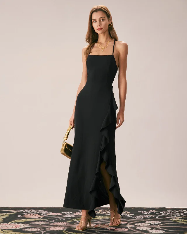 Maxi dresses with a button - down front for a classic lookThe Black Ruffle Cross Back Strap Maxi Dress