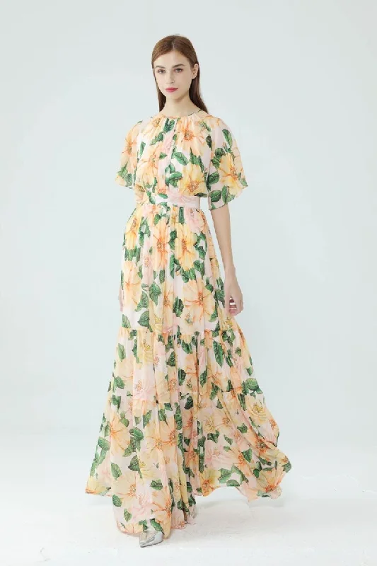 Maxi dresses with embroidered floral motifs for a unique designFashionSierra - Short Sleeves Floarl Printed Ruffles High Street Fashion Long Maxi Dresses