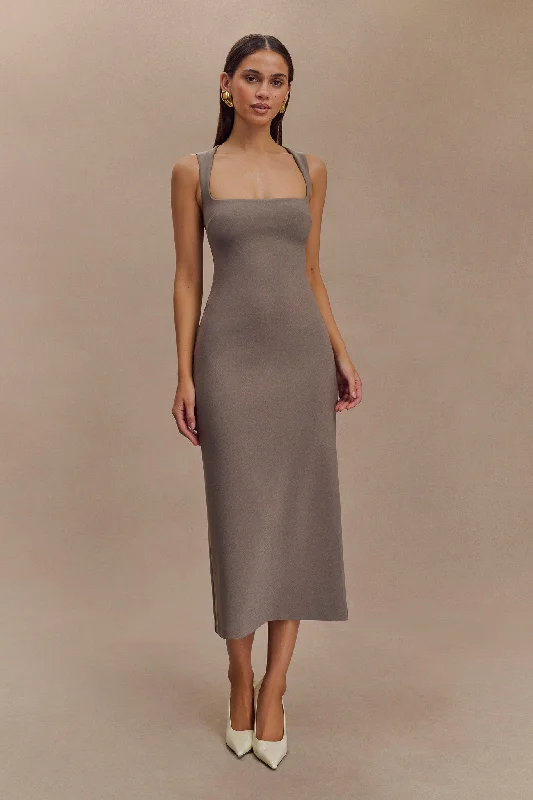 A - line midi dresses with floral prints for spring brunchesFrida Crepe Midi Dress - Smoke