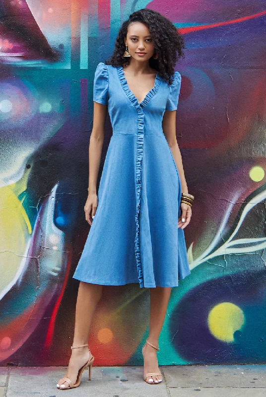 Sleeveless midi dresses with lace details for summer weddingsGoddiva Denim Front Frill Flared Midi Dress - Blue Denim
