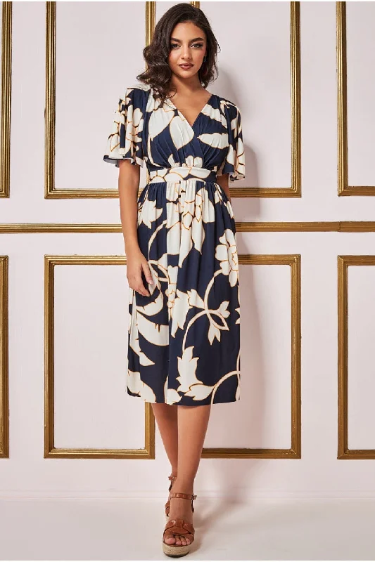 Midi dresses with V - necklines for a flattering and elongating effectGoddiva Leaf Print Flutter Sleeve Midi - Navy