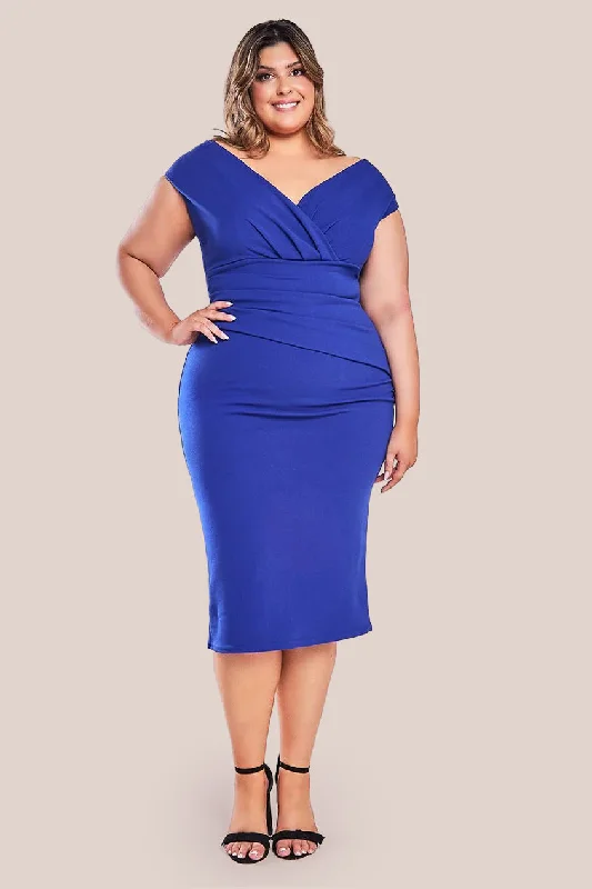 Midi dresses with ribbed textures for a unique and tactile appearanceGoddiva Plus Scuba Bardot Pleated Midi Dress - Royalblue