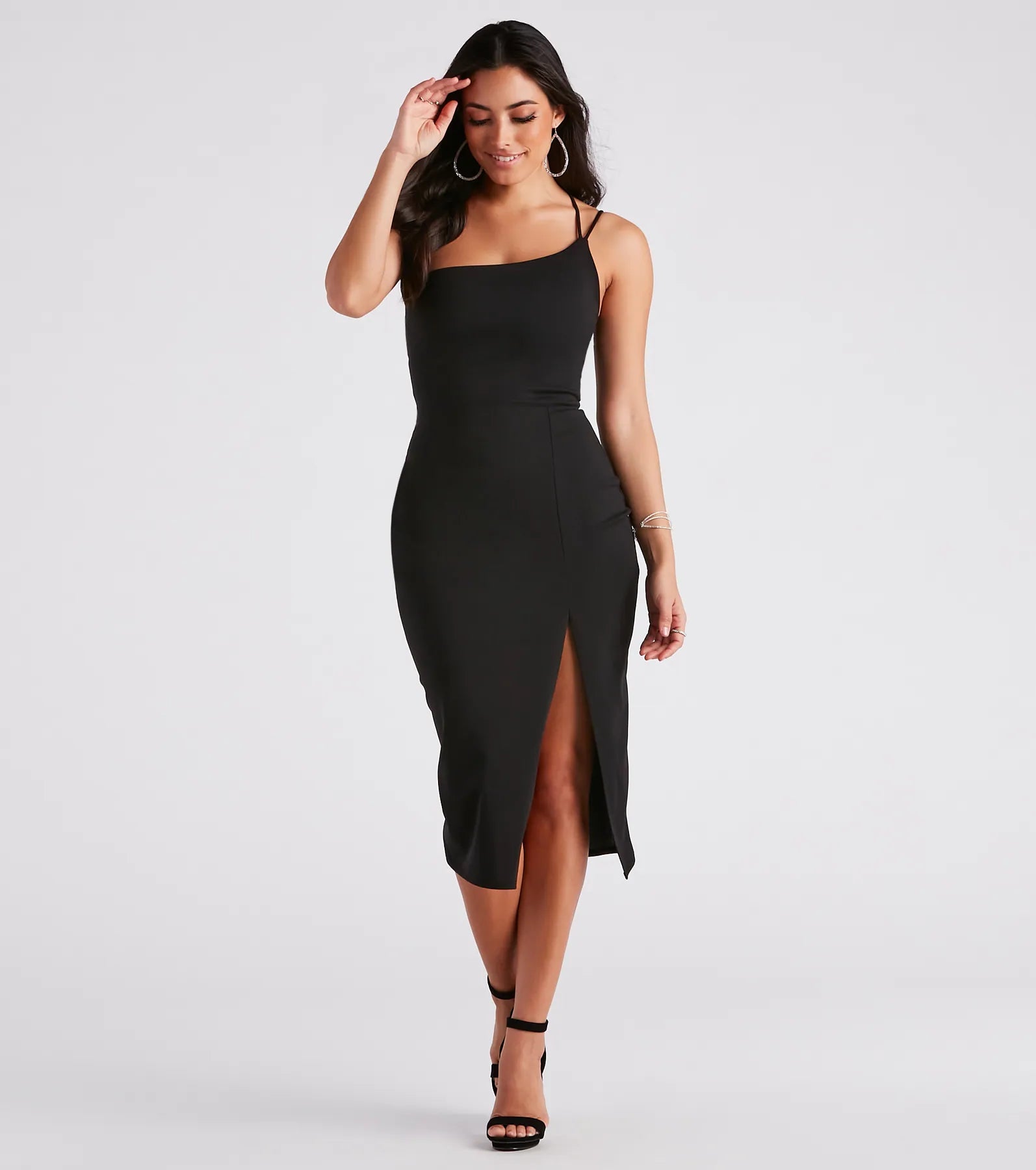 Midi dresses with off - the - shoulder necklines for a flirty lookRhea Formal One Shoulder Midi Dress