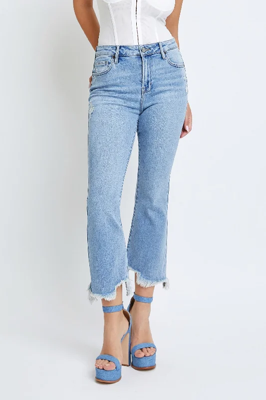 Women's spandex stretch pants Cargo women jeans with multiple pockets for added functionality Hidden Jeans Happi Frayed Cropped Flare