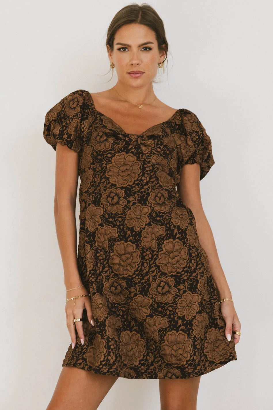 Mini dresses with polka dot patternsDarcella Floral Mini Dress in Brown