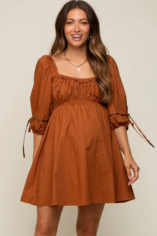 Mini dresses with wrap - around stylesRust Ruched Puff Sleeve Maternity Dress