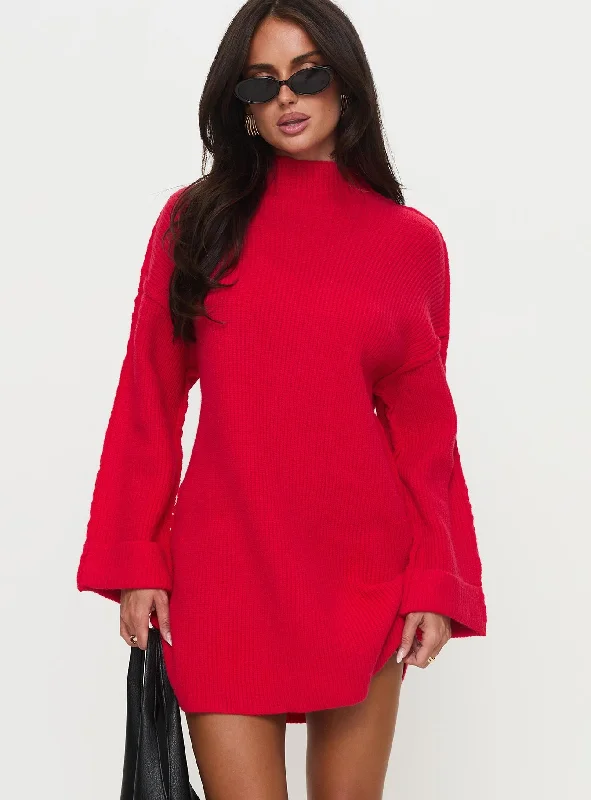 Mini dresses with fringe for a bohemian styleWeslie Long Sleeve Knit Mini Dress Red
