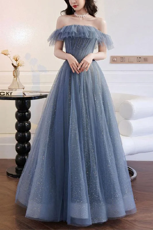 Party dresses with a denim material for a casual yet stylish look​A-line Gray Blue Off The Shoulder Long Prom Dress Tulle Evening Dress PSK268