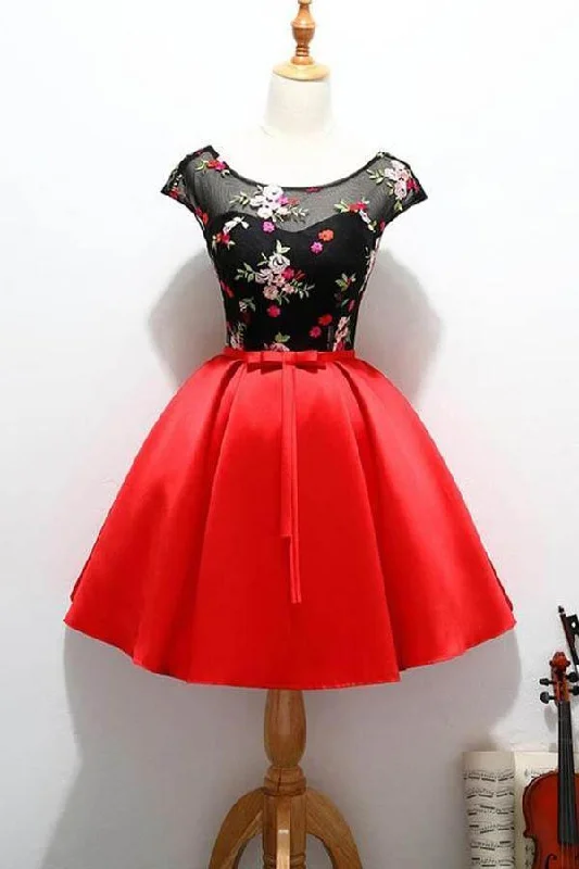 Party dresses with a fringed detail for a fun and dynamic style​Cap Sleeve Red and Black Cute Homecoming Short Prom Dresses PD218