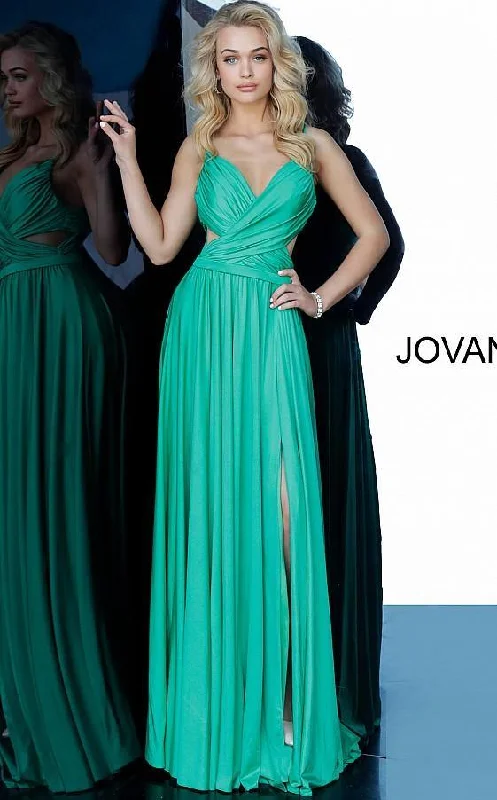 Bodycon dress with a ruffled trim​Jovani 68642 Spaghetti Straps Long Prom Dress