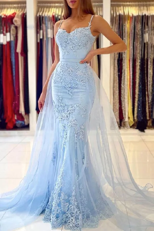 Plus - size party dresses with a flattering cut for all body types​Mermaid Sweetheart Lace Blue Tulle Long Prom Dress Formal Dress  PSK262