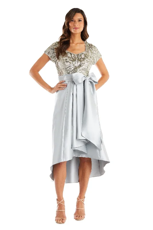 Bodycon dress made of satin for a luxurious feel​R&M Richards 7136 High Low Beaded Bodice Short Sleeve Dress