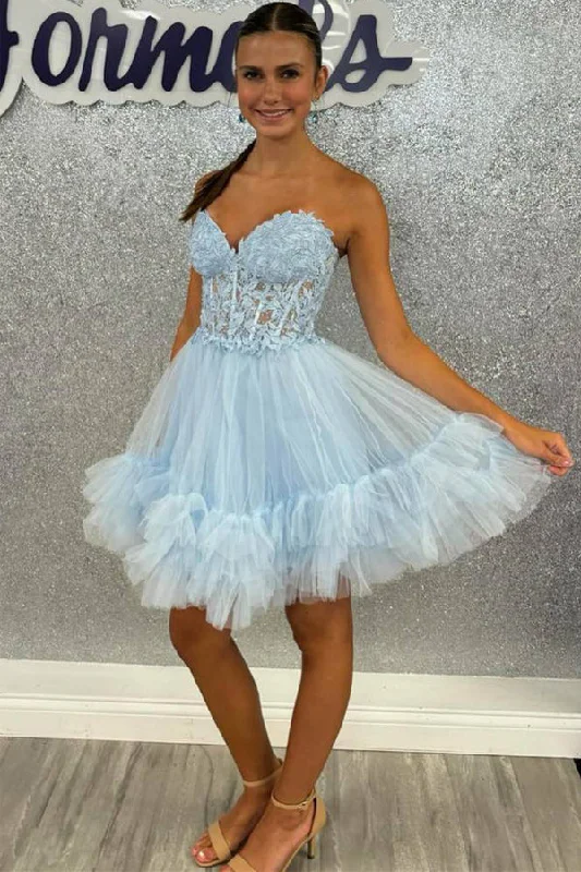 Sheath party dresses in a bold color for a statement - making outfit​Sweetheart Sheer Corset Ruffle Light Blue Homecoming Dress PD531