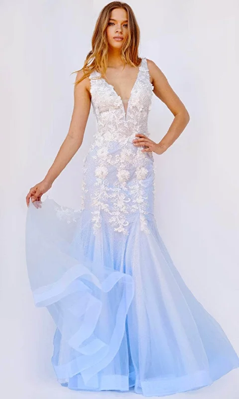 Prom dresses with lace - trimmed hems and off - the - shoulder necklines for a delicate lookJovani 09322 - Plunging Neck Floral Appliqued Ombre Gown