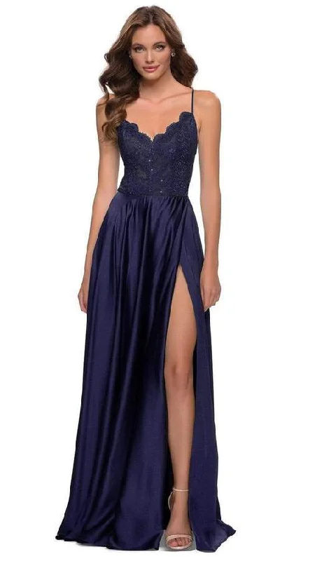 Prom dresses with one - shoulder designs and feather accents for a bold statementLa Femme - V Neck A-Line Dress With Slit 29760SC