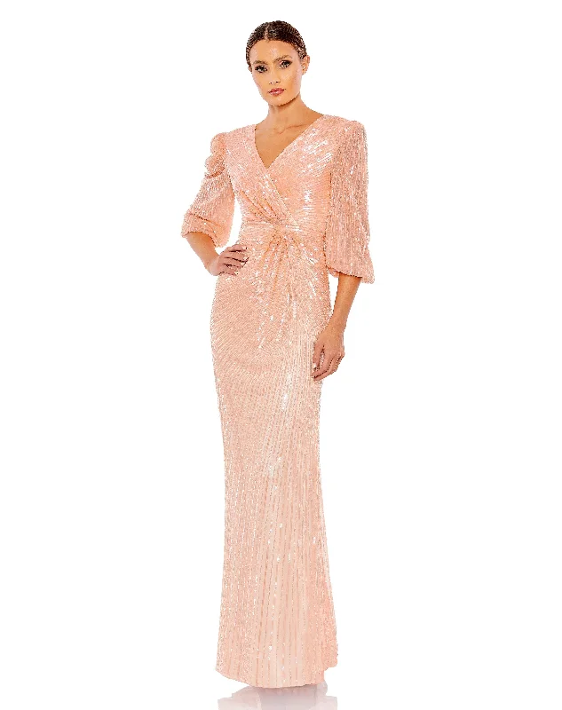 Party dresses with a criss - cross back design for a stylish detail​Mac Duggal 5614 Long 3/4 Sleeve Formal Dress