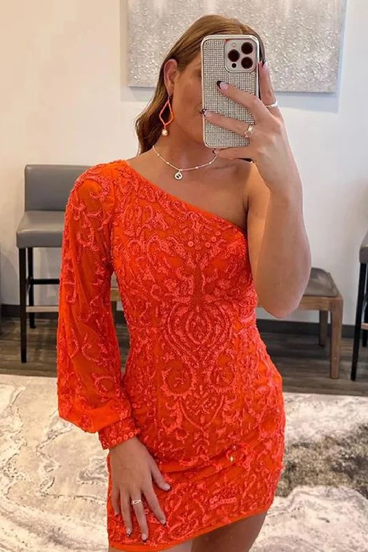 Party dresses with a bow detail for a cute and charming touch​Orange Beaded Sequins One Shoulder Tight Party Dress